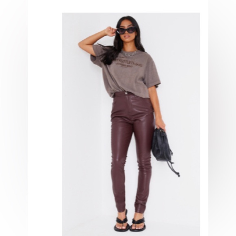 Pretty Little Thing Petite Chocolate Button Up Faux Leather Skinny Trousers